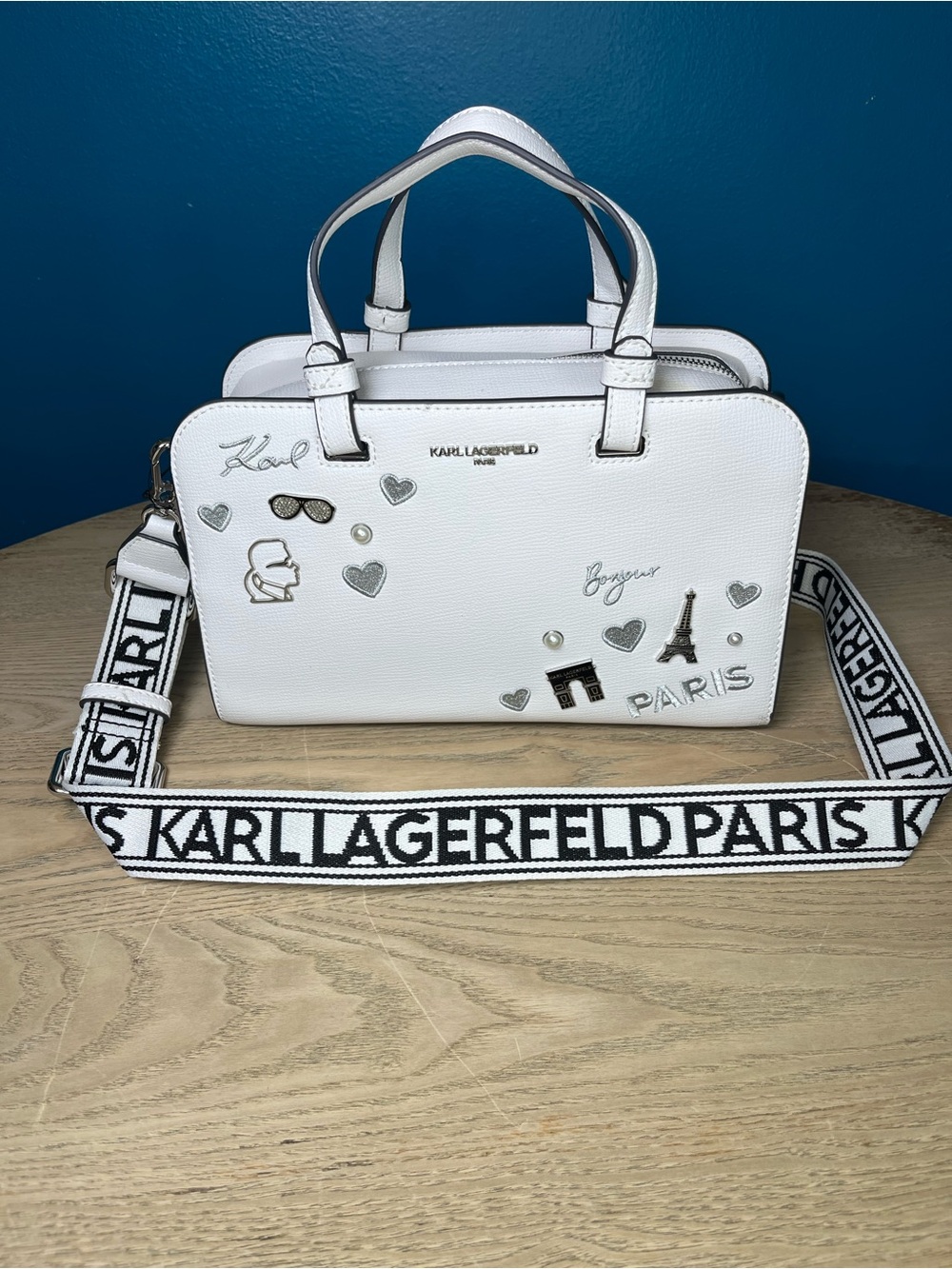 Karl Lagerfeld Paris Maybelle Satchel Winter White Embellished Bag Logo Strap